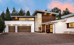 Canyon Ridge Modern Series Garage Doors | Metal Inlay Design in Walnut Finish